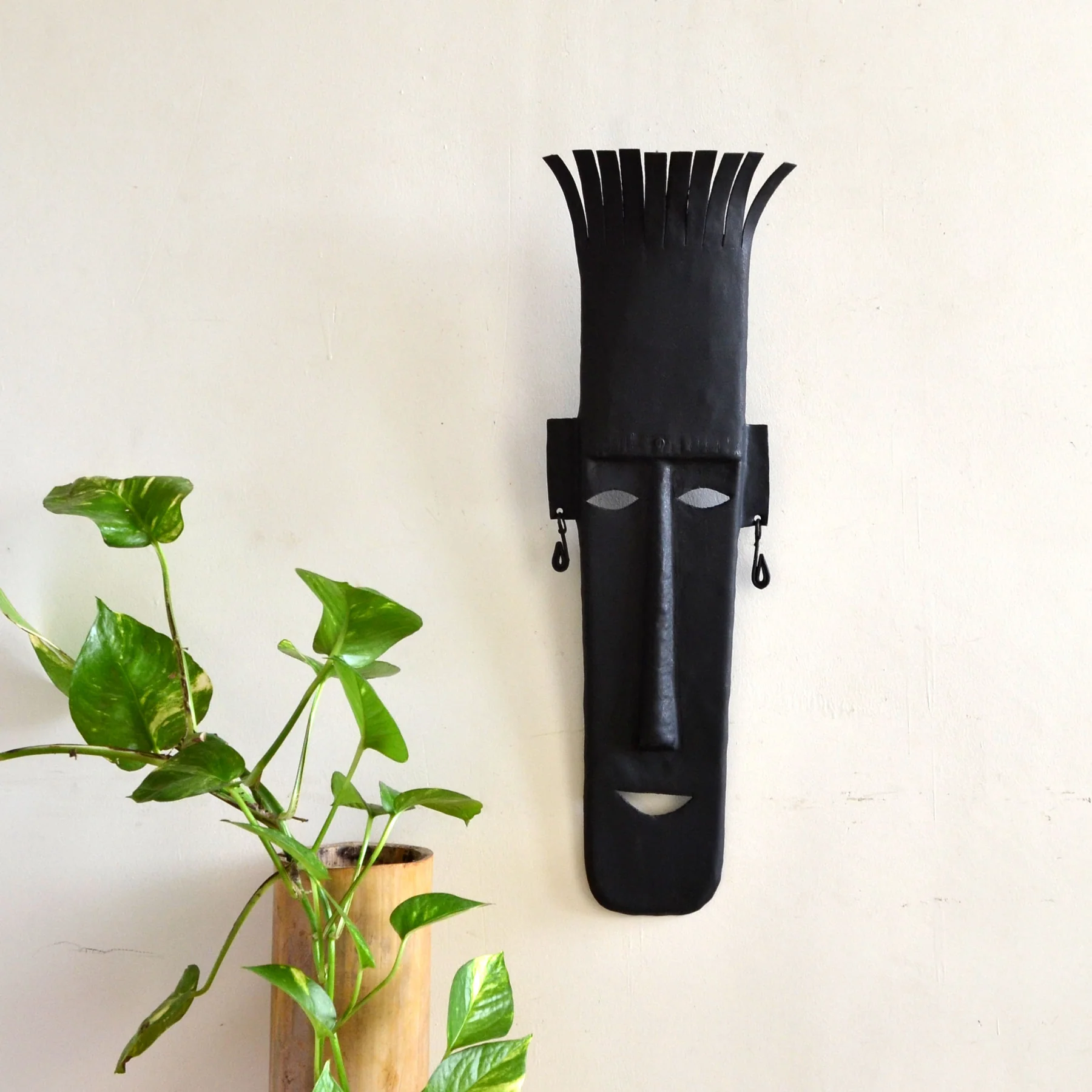 WIM009_0_1800x1800 Wrought Iron Black Metal Long Tribal Mask Wall Decor - Image 1