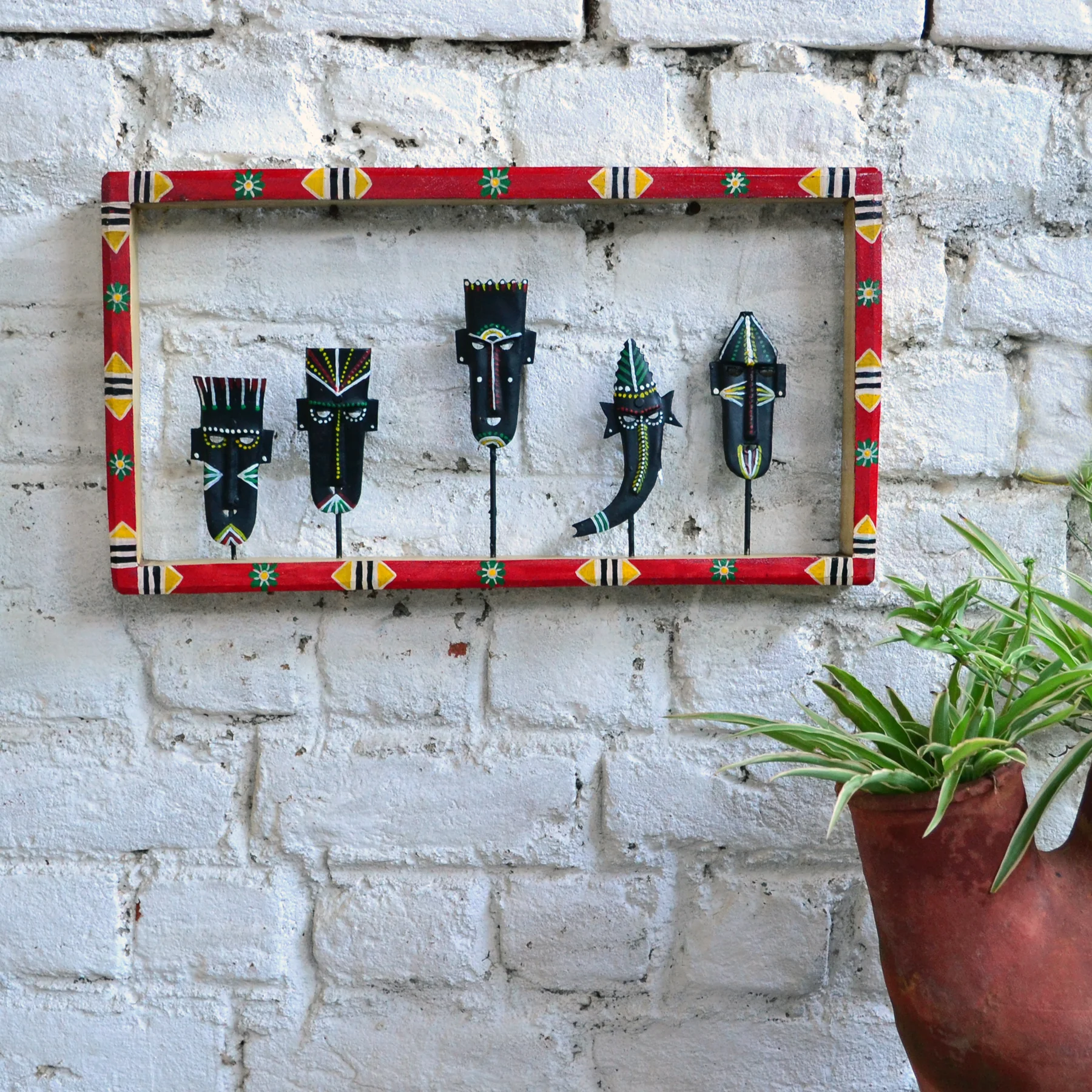 WIWM002_0_1800x1800 Wrought Iron 5 Mini Mask Wooden Frame Wall Dacor - Image 1